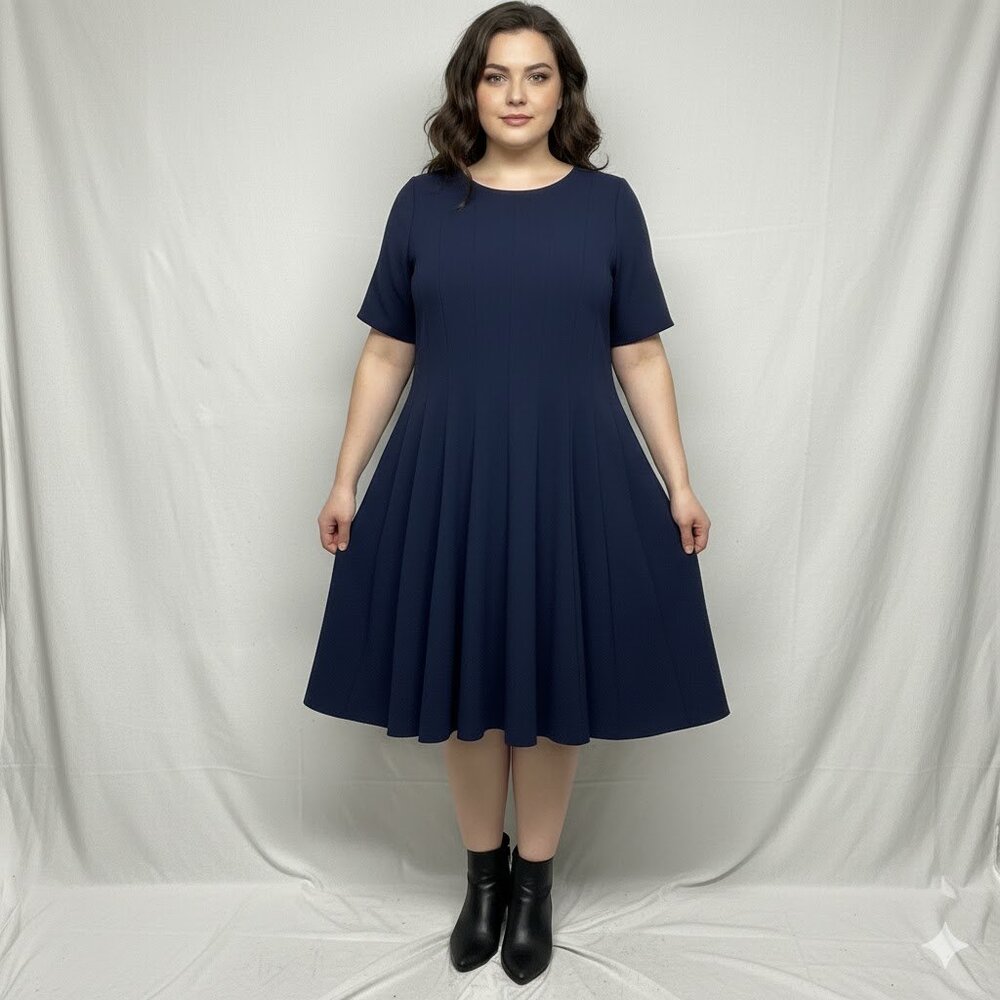 Plus Lands End Navy Ponte Fit and Flare Dress w/ Elbow Sleeves - 20W - Picture 3 of 5